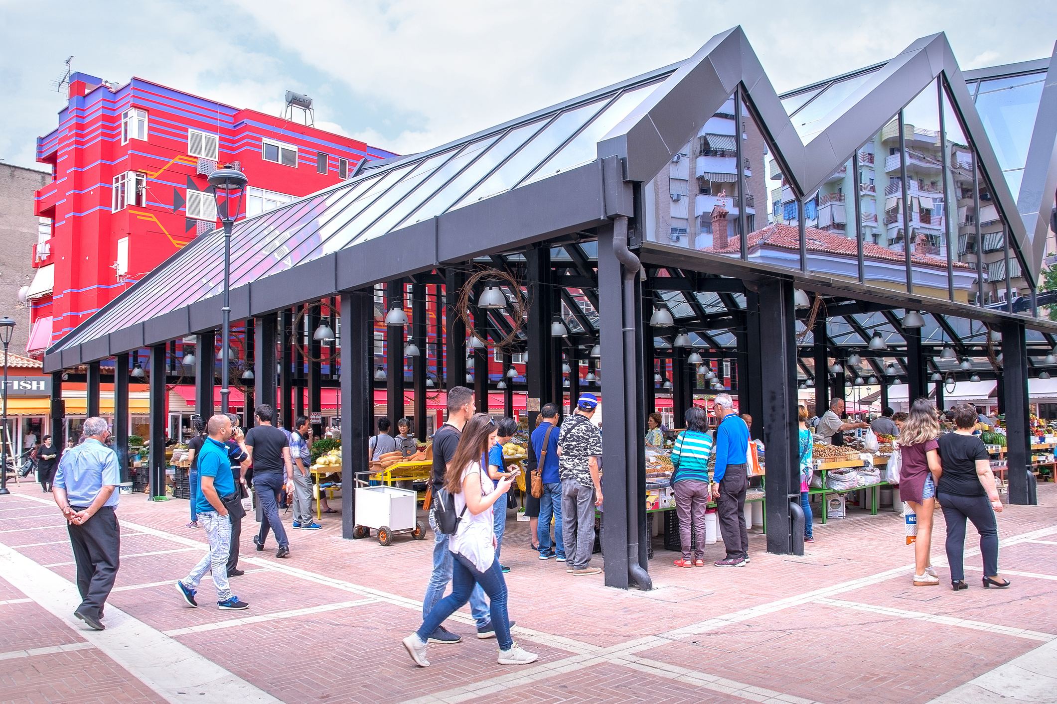 Market pavilion and stalls at Pazari i Ri in Tirana